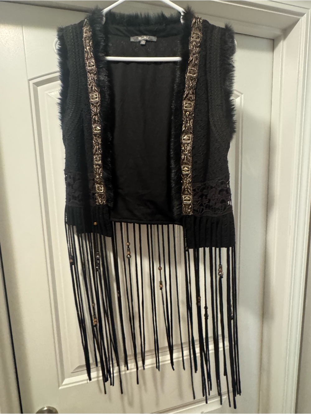 Miss Me Vest Black Embellished with Fringe, Tassels , Faux Fur, Women’s Size s